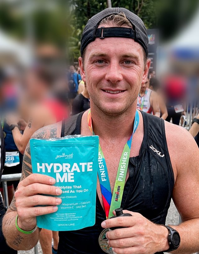 Sam at a race finish holding a pouch of Hydrate Me