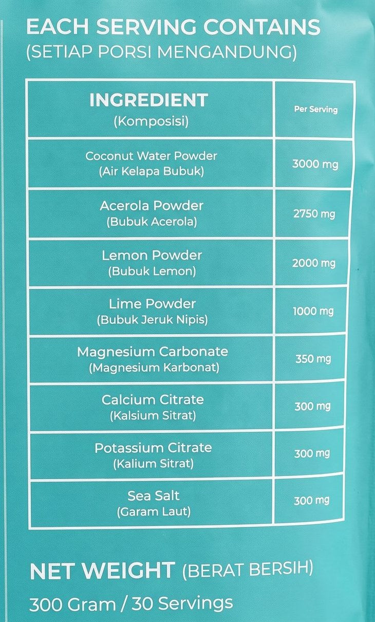 Close-up of the ingredient and amounts table printed on the back of the Hydrate Me pouch