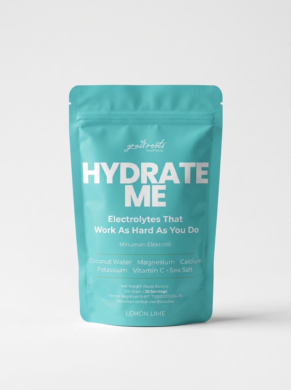 A 300 g pouch of Hydrate Me lemon lime coconut water electrolyte mix